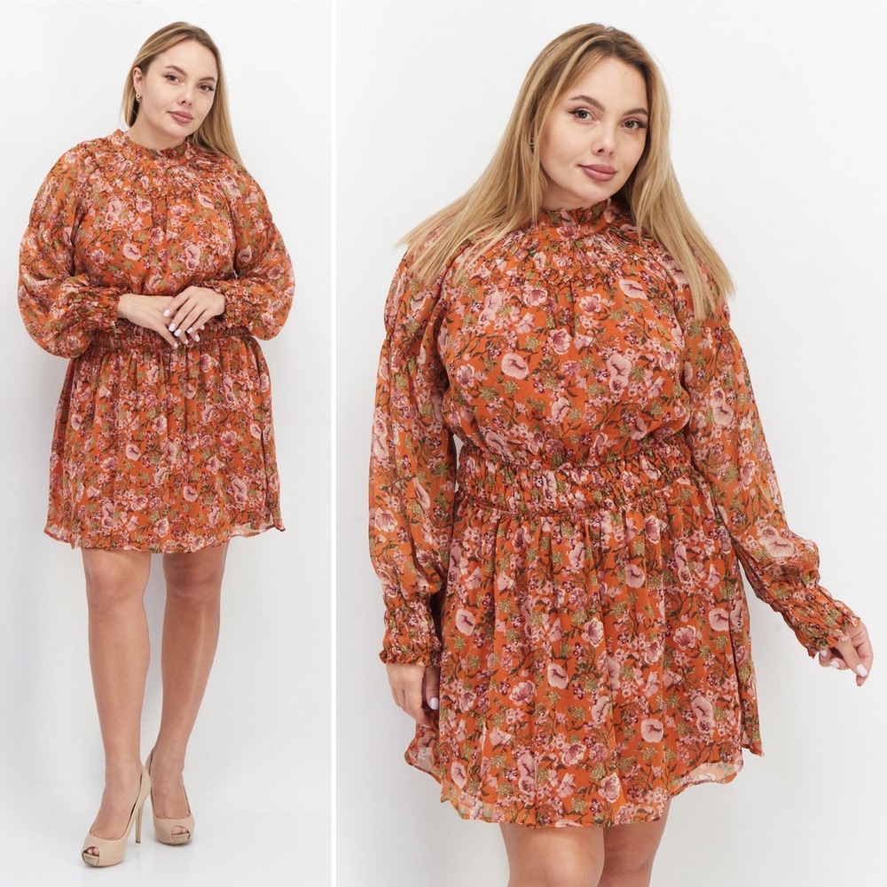 En Saison Orange Floral Smocked Mini Dress Small long sleeve mock neck boho